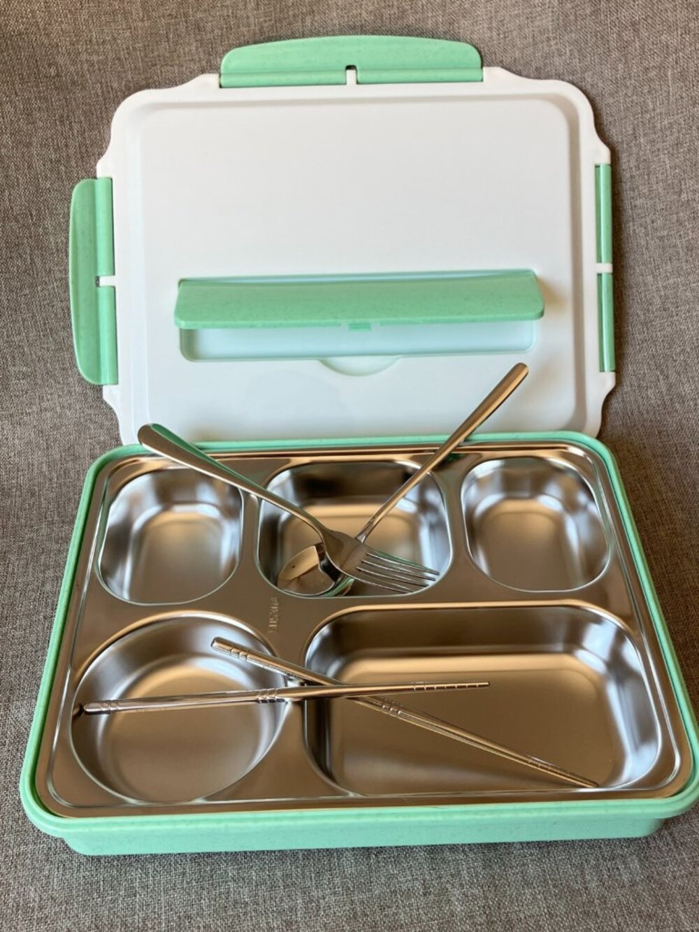 Bento Lunch Box w/ 5 Stainless Compartments Mint Green w SS Spoon Fork & Chopsks